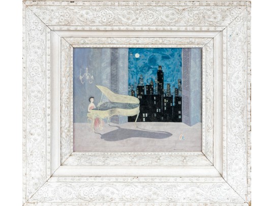 M. Wende (American, 20th C.) Oil On Board Painting, Woman With Grand Piano