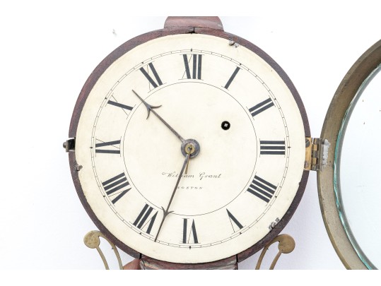 Antique William Grant Federal Style Eglomise Inset Wood And Brass Framed Banjo Clock