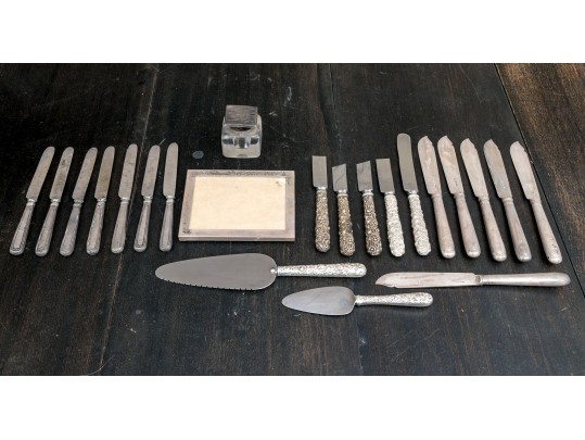 Collection Of Miscellaneous Silver Plated Flatware Utensils With An Inkwell And Picture Frame