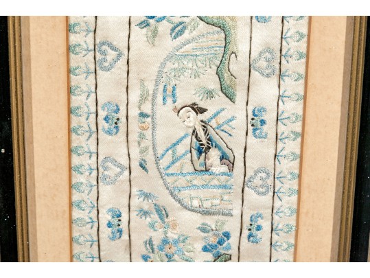 Pair Of Antique Chinese Silk Embroidered Panels, Framed