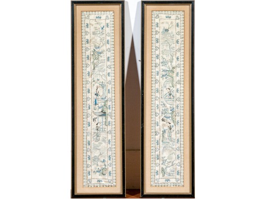 Pair Of Antique Chinese Silk Embroidered Panels, Framed