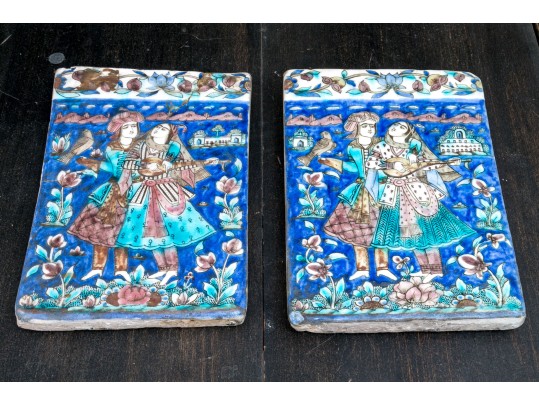 Pair Of Persian Moulded And Hand Painted Ceramic Plaques 