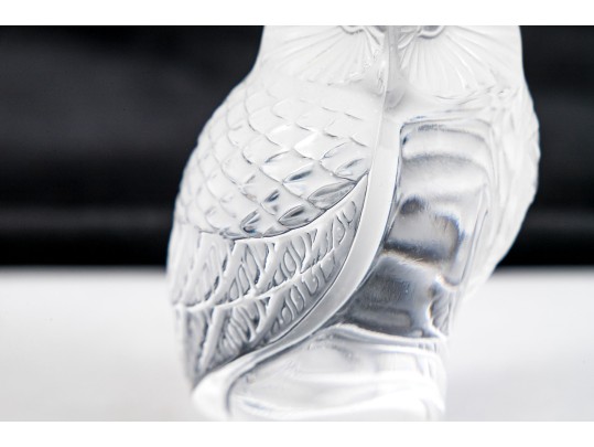 French, Lalique Frosted Crystal Owl On Perch Form Paperweight