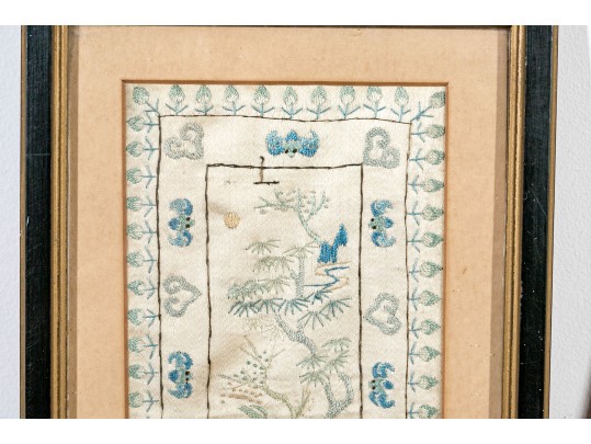 Pair Of Antique Chinese Silk Embroidered Panels, Framed