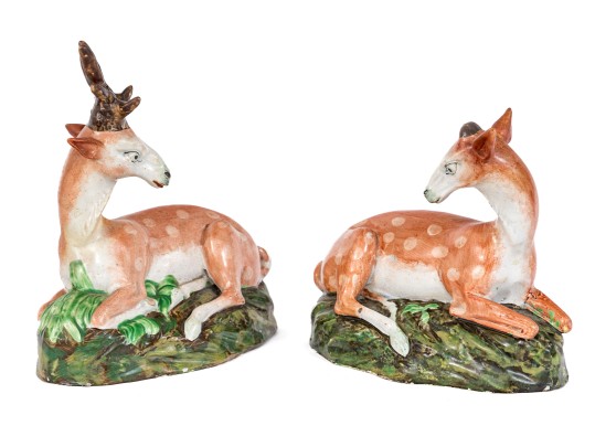 Antique Pair Of English, Staffordshire Hand Painted Ceramic Deer