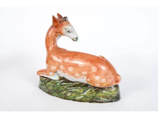 Antique Pair Of English, Staffordshire Hand Painted Ceramic Deer