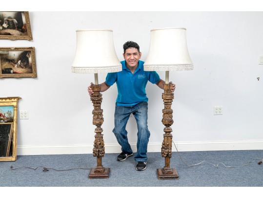 Pair Of Impressively Carved Floor Lamps, Probably Italian