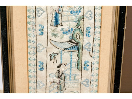 Pair Of Antique Chinese Silk Embroidered Panels, Framed