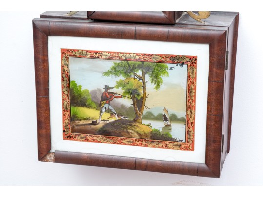 Antique William Grant Federal Style Eglomise Inset Wood And Brass Framed Banjo Clock