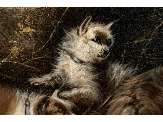 Edward Armfield (British, 1817-1896) Oil On Canvas Interior Genre Scene Of  Dogs In A Barn House