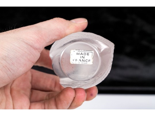 French, Lalique Frosted Crystal Owl On Perch Form Paperweight