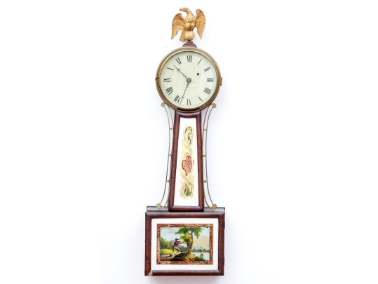 Antique William Grant Federal Style Eglomise Inset Wood And Brass Framed Banjo Clock