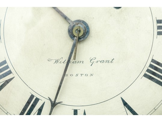 Antique William Grant Federal Style Eglomise Inset Wood And Brass Framed Banjo Clock