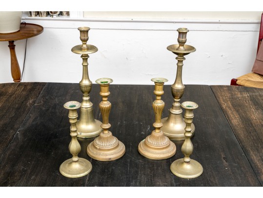3 Pairs Of Antique And Vintage Brass Candlesticks