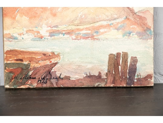 William A. Drake (1891-1979), Diminutive Watercolor On Board, Bear Mountain From Train Window, 1933