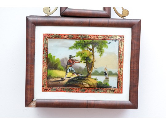 Antique William Grant Federal Style Eglomise Inset Wood And Brass Framed Banjo Clock