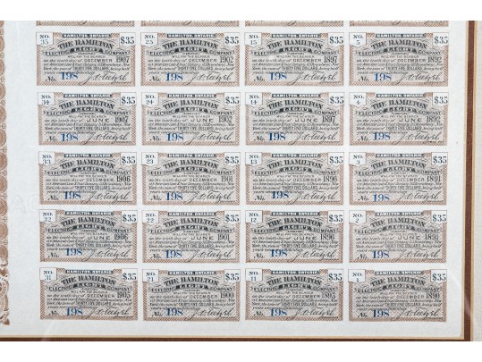  Framed 1890 The Hamilton Electric Co. Ontario Gold Bond $1000 Certificate With Others