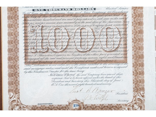  Framed 1890 The Hamilton Electric Co. Ontario Gold Bond $1000 Certificate With Others