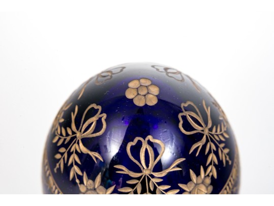 Russian Cobalt Blue Glass Egg With With Floral Etchings