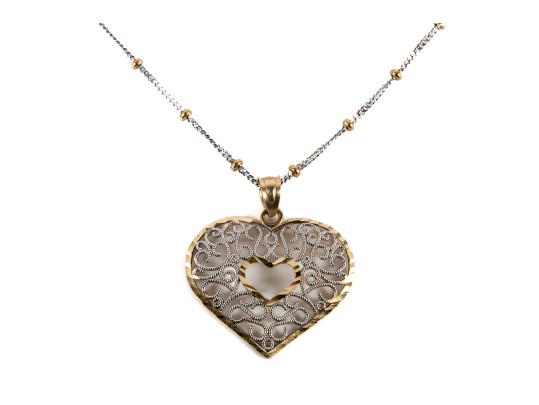 14k Yellow And White Gold Filigree Heart Pendant Necklace