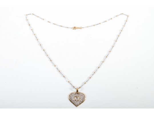 14k Yellow And White Gold Filigree Heart Pendant Necklace