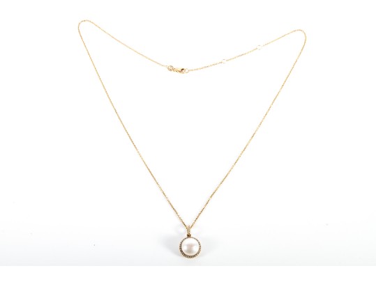 14k Yellow Gold Cultured Pearl And Moissanite Pendant Necklace