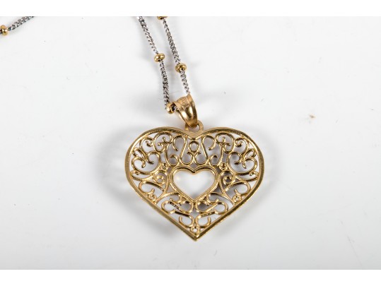 14k Yellow And White Gold Filigree Heart Pendant Necklace
