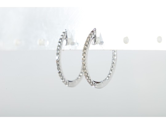 14k White Gold White Sapphire Hoop Earrings