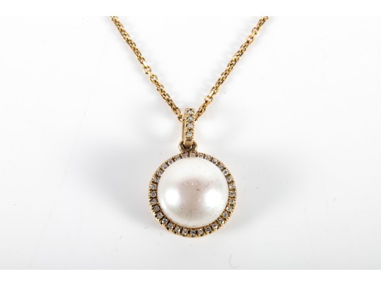 14k Yellow Gold Cultured Pearl And Moissanite Pendant Necklace