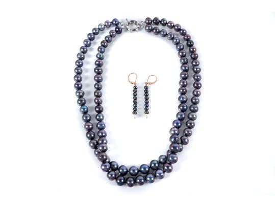Double-Strand Black Cultured Pearl Necklace With 14k Yellow Gold Earrings