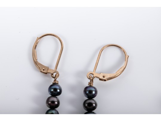 Double-Strand Black Cultured Pearl Necklace With 14k Yellow Gold Earrings