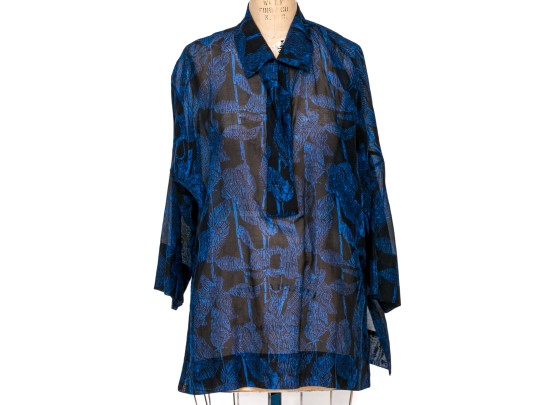 Escada  Breezy Black And Blue Cotton And Silk Sheer Tunic, Size 46
