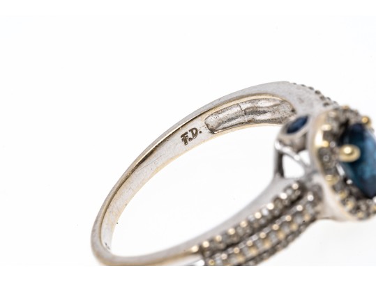 14K White Gold Sapphire And Diamond Halo Ring, Size 6