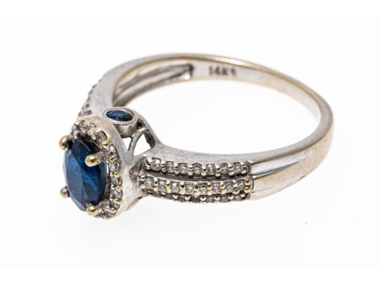 14K White Gold Sapphire And Diamond Halo Ring, Size 6