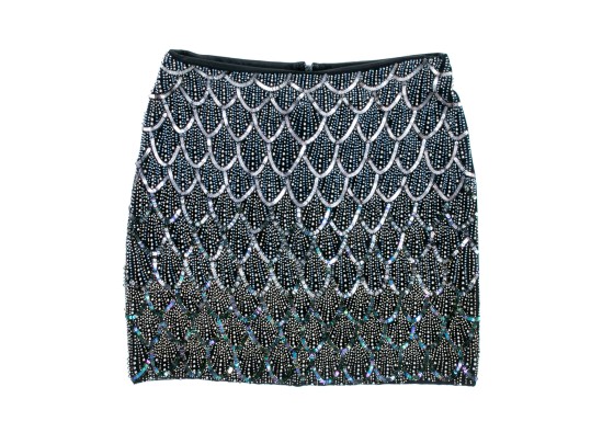 Nicole Miller Stunning Black Silk And Leather Bedazzled Mini Skirt, Size 2, NWT, Retail $485