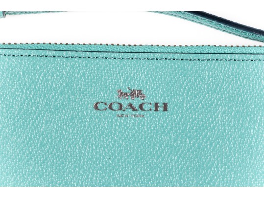 Coach Blue Green Leather Corner Zip Wristlet, NWT, $75