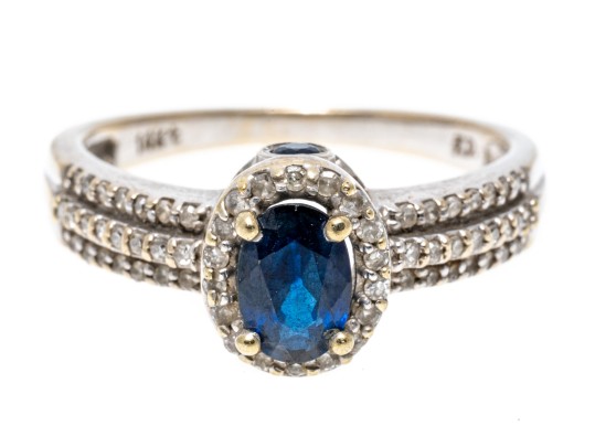 14K White Gold Sapphire And Diamond Halo Ring, Size 6