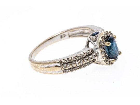 14K White Gold Sapphire And Diamond Halo Ring, Size 6