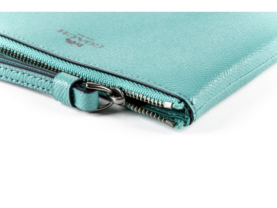 Coach Blue Green Leather Corner Zip Wristlet, NWT, $75