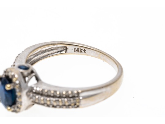 14K White Gold Sapphire And Diamond Halo Ring, Size 6