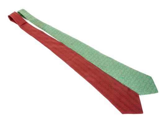 Hermes Lot Of Two Silk Ties, Green And Burgundy Tones, Assorted Patterns