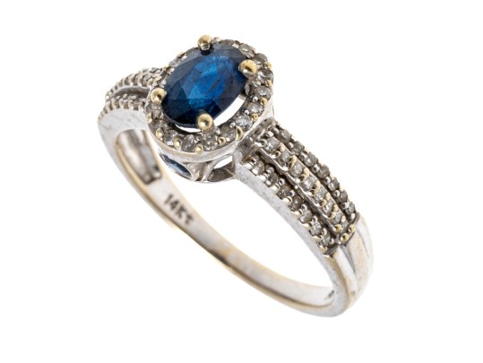 14K White Gold Sapphire And Diamond Halo Ring, Size 6