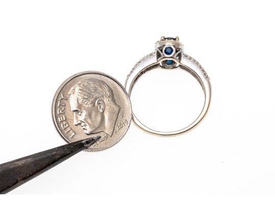14K White Gold Sapphire And Diamond Halo Ring, Size 6