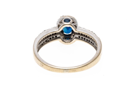 14K White Gold Sapphire And Diamond Halo Ring, Size 6