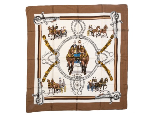 Hermes Striking Vintage Silk Scarf, 'Equipages', Horse And Carriage Motifs, Signed Ledoux
