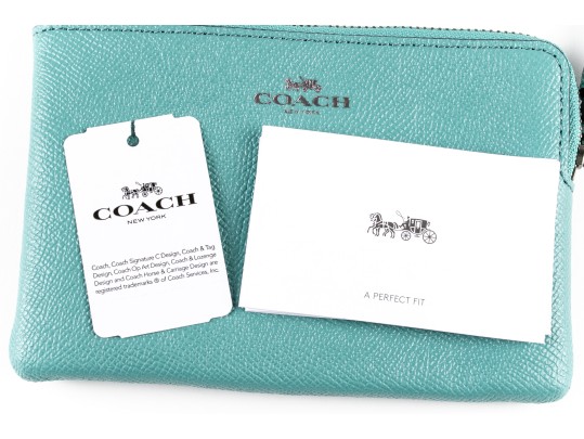 Coach Blue Green Leather Corner Zip Wristlet, NWT, $75