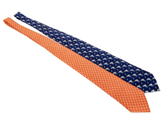 Hermes Lot Of Two Silk Ties, Orange And Blue Tones, Assorted Patterns