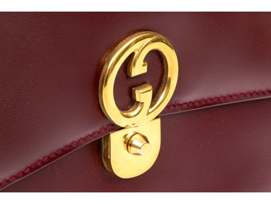 Gucci Striking Vintage Burgundy Leather Top Handle Bag, Decorative Clasp
