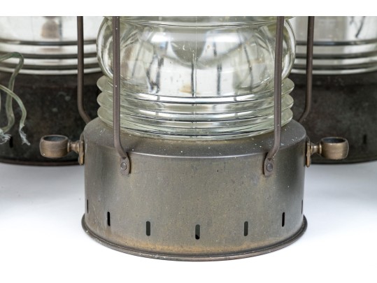 Set Of Seven Antique Metal Ships Oil Lanterns By Anchor