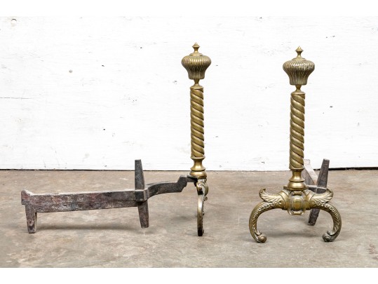 Pair Of Fine Antique Brass Andirons